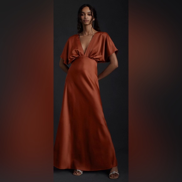 leila satin charmeuse dress AW.Bridal Mermaid V-Neck Floor Length Sleeveless Split Crisscross Back Long Bridesmaid Dresses Dress Burnt Orange Size 4